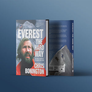 Mockup book cover for Everest the Hard Way The First Ascent of the South West Face by Chris Bonington 50th anniversary edition published in partnership with Berghaus and Community Action Nepal 9781839812644