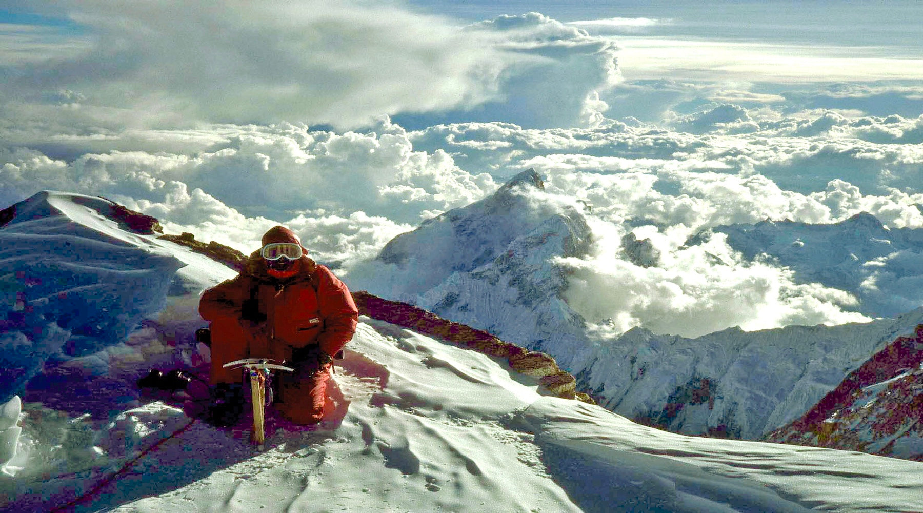 Doug Scott taking in the view just below the summit of Kangchenjunga