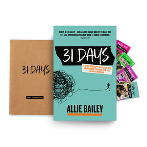 31 Days – A zero-bullshit maserclass in mindset training for the modern runner by Allie Bailey book mock-up image with workbook and bookmarks 9781839812699