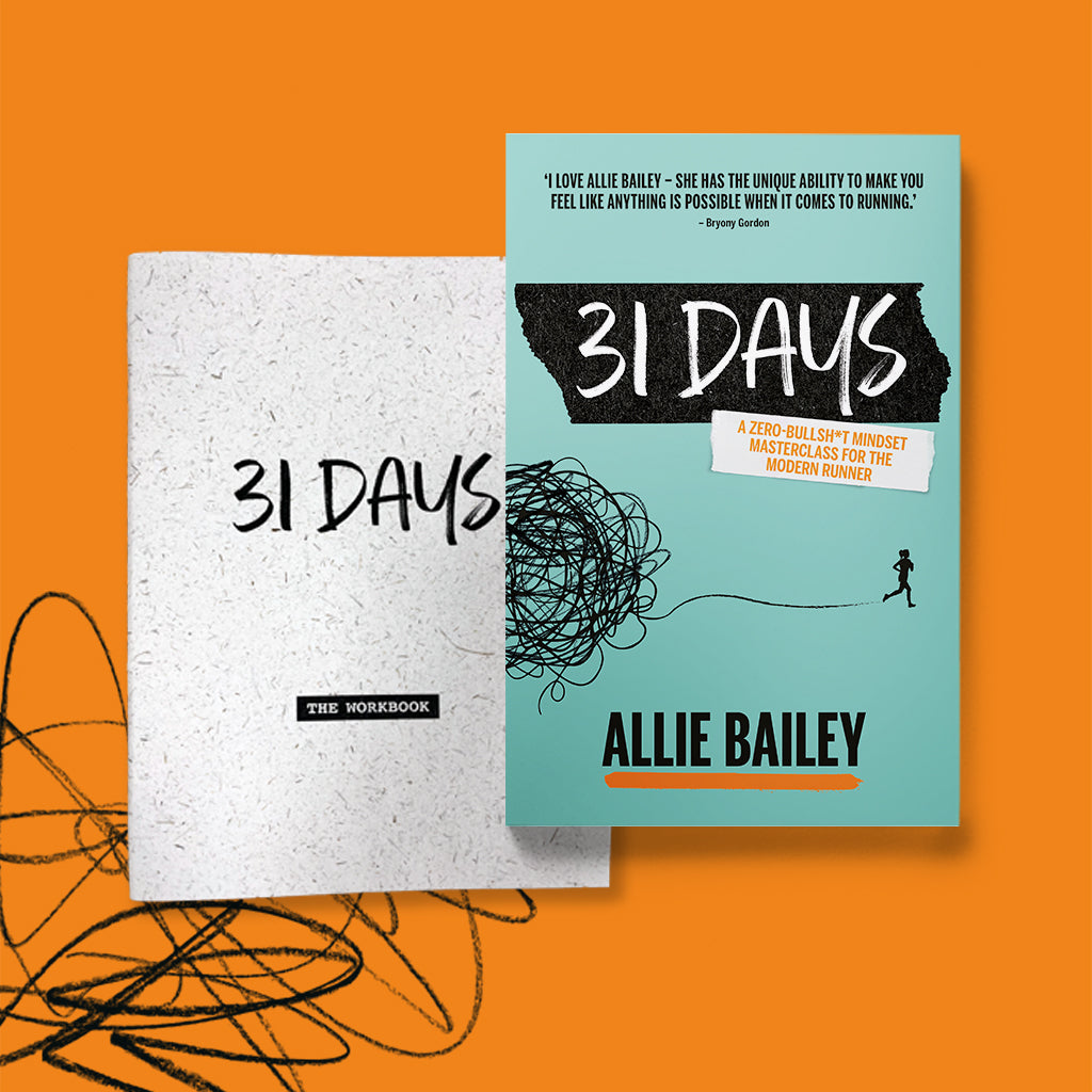 31 Days – A zero-bullshit maserclass in mindset training for the modern runner by Allie Bailey paperback book mock-up image with A5 workbook cover 9781839812699