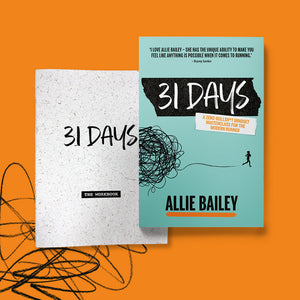 31 Days – A zero-bullshit maserclass in mindset training for the modern runner by Allie Bailey paperback book mock-up image with A5 workbook cover 9781839812699
