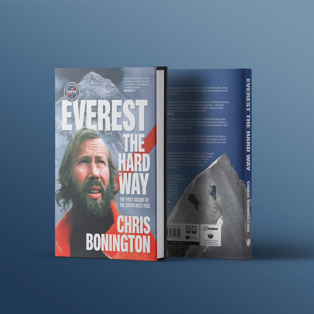 Mockup book cover for Everest the Hard Way The First Ascent of the South West Face by Chris Bonington 50th anniversary edition published in partnership with Berghaus and Community Action Nepal 9781839812644