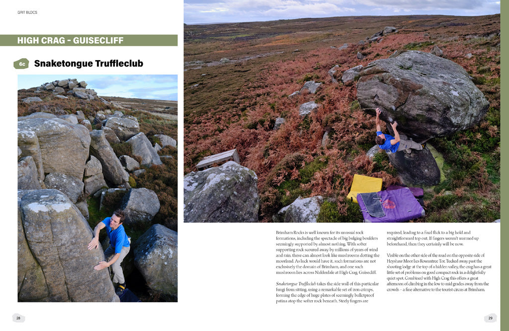 The gritstone outcrops, edges and quarries featured in the book include Shaftoe Crags, Goldsborough Carr, Great Roova and Slipstones.